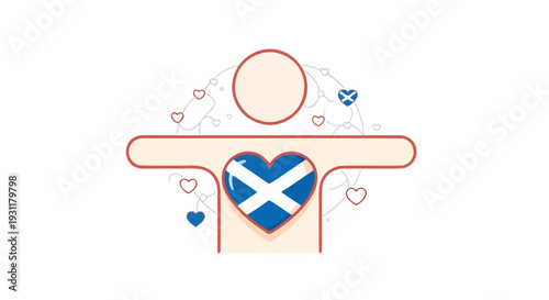 Vibrant vector graphic of Scottish pride, featuring a stylized torso with heart showing the nation's blue and white flag, surrounded by symbols of love and unity