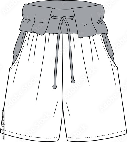 High waist drawstring shorts front view, casual summer apparel mockup template, comfortable loose fit clothing design flat vector illustration