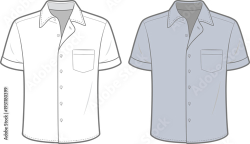 Short sleeve button down shirt front view, casual summer apparel mockup template, classic collared clothing design flat vector illustration