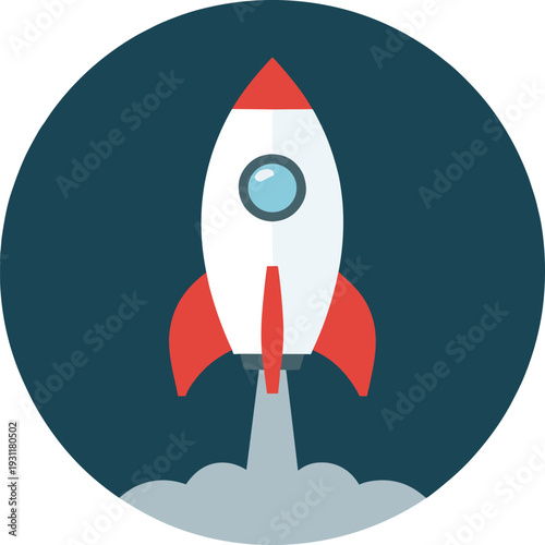 Rocket launch illustration inside circular background, symbolizing startup growth, innovation, success, space exploration, and futuristic technology concepts for branding, apps, business development