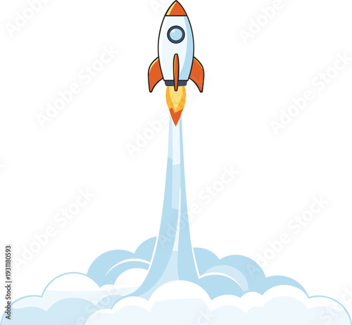 Rocket launching into the sky with smoke trail and clouds, symbolizing startup growth, innovation, success, space exploration, and futuristic technology concepts for business and creative design.