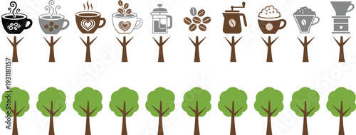 Coffee Tree Concept Illustration Set with Beverage Cups, Beans, French Press, Grinder, and Creative Cafe Symbols for Vector Design