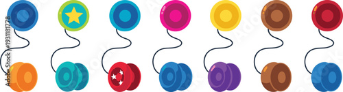 Colorful Yo Yo Toy Icon Set Collection with Classic String Tricks and Retro Play Elements for Kids Entertainment and Game Design