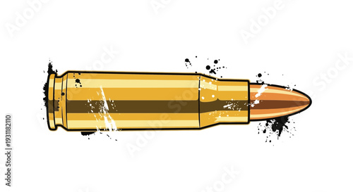 Golden bullet with ink splatters, isolated on white background