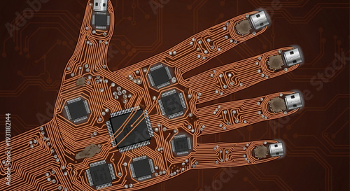 Robotic hand with circuit board design and microchips on dark background futuristic technology concept