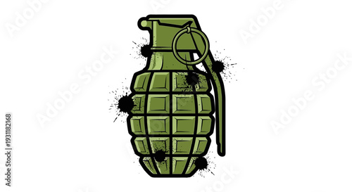 Green fragmentation grenade with black ink splatters, isolated on white background.