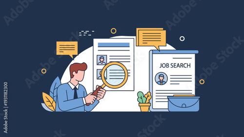 Man looking through a large magnifying glass at job resumes and applications on a dark blue background for career search concept.