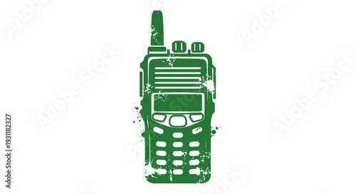 Green walkie talkie icon, vintage distressed effect, isolated on white background.