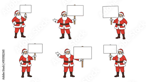 Multiple poses of Santa Claus in a red suit holding blank white boards for personalized holiday messages and festive greetings.