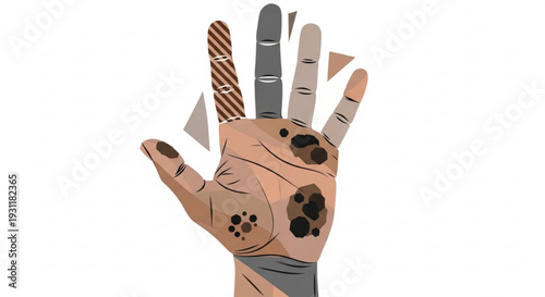 A robotic hand with dog paw prints on the palm and fingers with mixed metallic and plastic textures on a white background