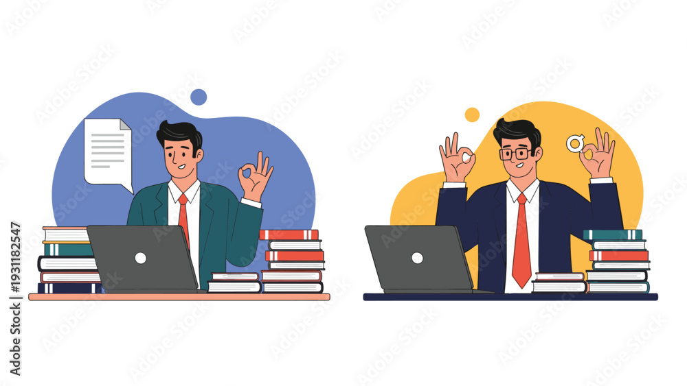 Fototapeta premium Two professional businessmen sitting at their desks with laptops and stacks of books giving an okay hand sign for success.