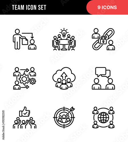 Simple Outline Team and Group Work Icon Set with Black Line Design