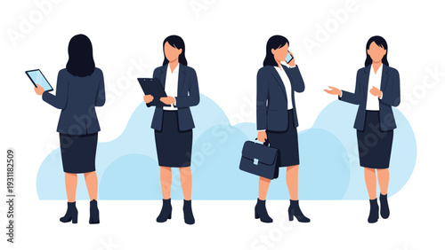 Set of four businesswomen in blue professional suits in different poses like holding a tablet a folder and a briefcase.