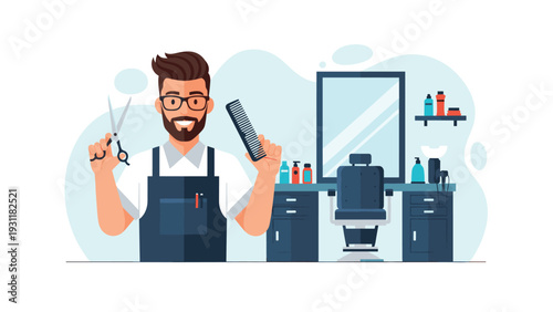 Happy male barber with a beard and glasses holding professional scissors and a comb in a modern hair salon or barbershop.