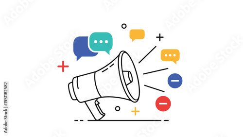 Megaphone icon surrounded by colorful speech bubbles and symbols for announcement marketing and social media communication themes.