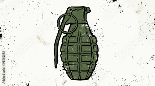 Military hand grenade weapon, illustration, isolated on white background with paint splatters.