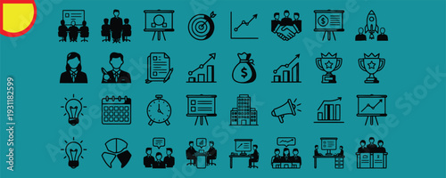 Business management and corporate office icons set in black flat style.