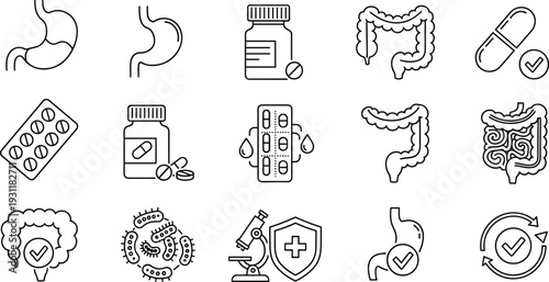 Digestive health medical icon set featuring stomach, intestines, probiotics, medicine bottles, pills, microscope, and immune system protection symbols in outline style.