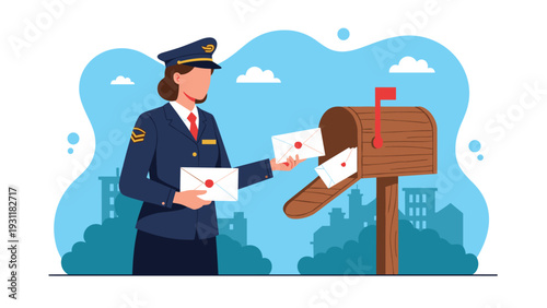Professional female postal worker in uniform placing envelopes into a wooden mailbox against an urban city background.