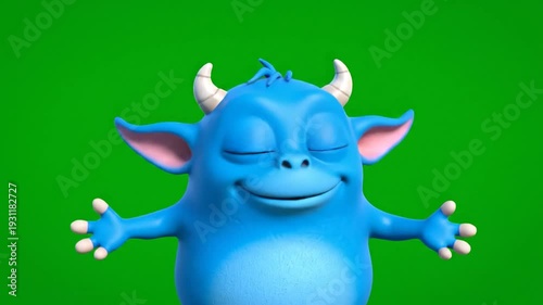 A cartoon-like blue creature with horns, large eyes, and a wide grin. It's set against a vibrant green background, arms extended