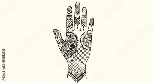 Intricately designed hand with mehndi patterns on fingers and palm traditional indian henna art on a neutral background
