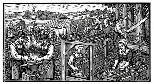 Farmers working in a field with village in background people harvesting crops and tending to animals in a rural setting with a sense of community and hard work