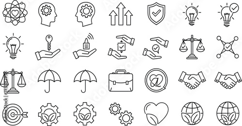Corporate ethics and business responsibility icon set, featuring sustainability, core values, legal justice, handshakes, partnership, idea generation, and strategic growth symbols