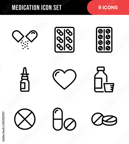 Minimalist Outline Medication Icon Set Collection for Healthcare and Medical Industry