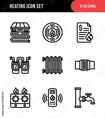 Outline Simple Heating System Element Various Object Icon Pack Set
