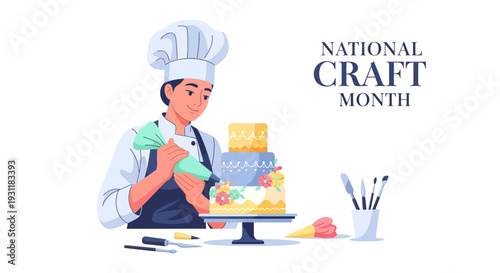 Illustration of a chef decorating a cake with icing and candies on a table with art supplies for National Craft Month.