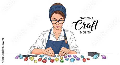 A woman in a blue apron and headband working on a craft project with colorful beads on a table, with a National Craft Month logo in the background, illustration in a creative workspace.