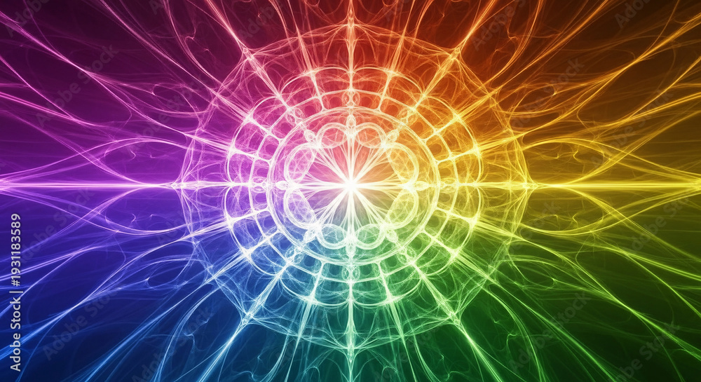 Obraz premium Abstract Colorful Glowing Fractal Light Pattern Forming A Complex Symmetrical Web Structure With Intense Central Energy Burst Background