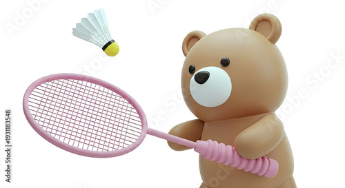 3D Brown Teddy Bear with Pink Badminton Racquet and Shuttlecock