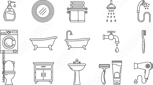 Minimalist bathroom icon set featuring bathtub, shower, sink, toilet, washing machine, towels, and hygiene accessories in a clean black line style.