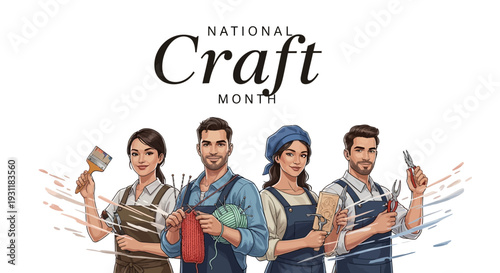 Illustration of diverse people engaging in handmade crafts and DIY projects with various tools and materials for National Craft Day or Arts and Crafts Day.