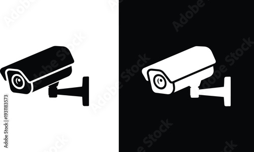 CCTV surveillance camera icons in positive and negative styles, representing security monitoring, property protection, safety systems, and video surveillance technology for public safety and access