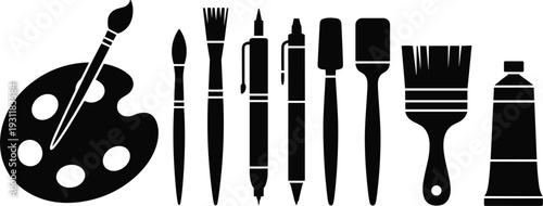 Black Silhouette Art Supplies Including Paint Palette Brushes Pens and Tube Keywords: art, artist, painting, drawing, creative
