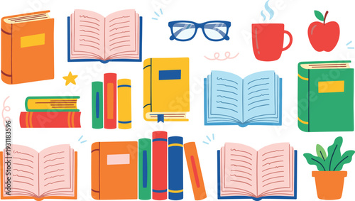 Colorful books and reading accessories set including open books, glasses, coffee mug and apple in flat vector style for education and study themes