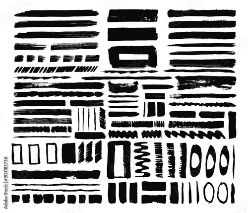 Big collection of black paint, ink brush strokes, brushes, lines, grungy. Dirty artistic design elements, boxes, frames.Freehand grunge brush illustration.Isolated on white background.