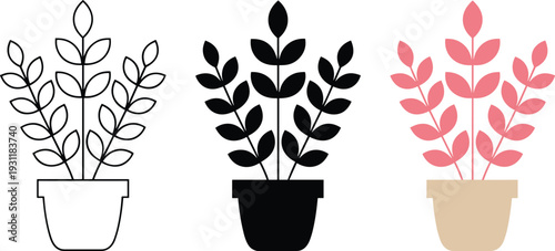 Potted plant icon set in outline, solid and flat styles featuring decorative houseplant silhouettes for modern interior design, branding, eco lifestyle and botanical themes