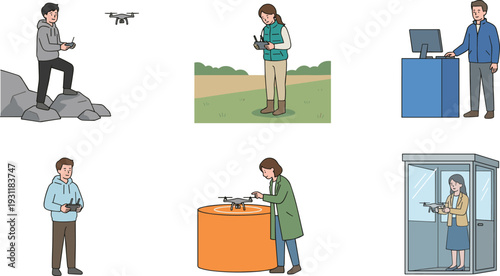 People operating drones in various environments including outdoors, retail counter, and testing area, showcasing modern UAV technology, remote control piloting, and aerial robotics applications.