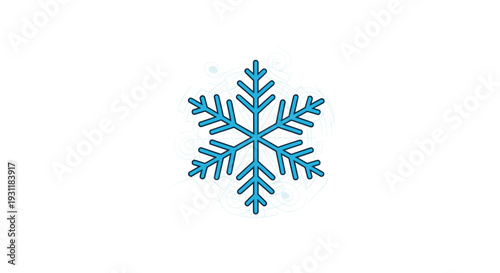 Single blue snowflake illustration with intricate crystal details set against a clean white background for winter weather concepts.