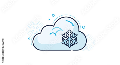 Fluffy blue cloud containing a white snowflake symbol with decorative swirl patterns representing winter weather or snowy conditions.