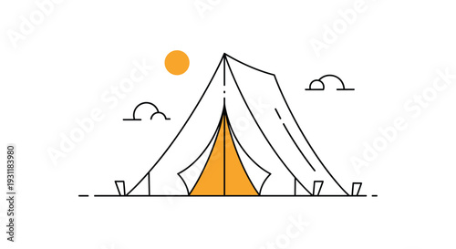 Simple outdoor camping tent set in a landscape with a yellow sun and clouds representing travel adventure and recreational activities.