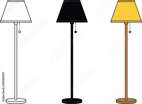 Set of modern floor lamps with pull chain switches in black, white, and yellow shades, minimalist standing lighting fixtures isolated for contemporary interior décor and home illumination.