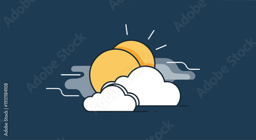 Weather icon showing the sun rising or setting behind fluffy white and grey clouds for meteorology and daily forecast themes.