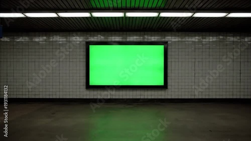 Cinematic Push In Shot of a Horizontal Green Screen Billboard on a Tiled Subway Station Wall