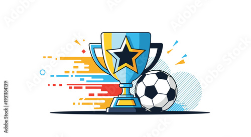 Gold soccer trophy cup standing next to a classic football with colorful motion lines signifying sports victory and athletic achievement.