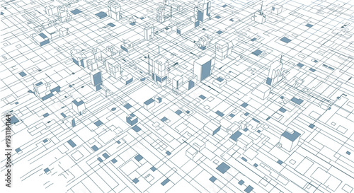 Architectural blueprint or digital city grid layout featuring isometric buildings and blocks for urban planning and technology.