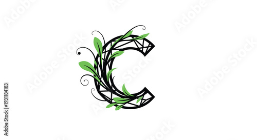 Modern geometric letter C decorated with small green leaves and thin black lines for eco-friendly businesses and organic brands.